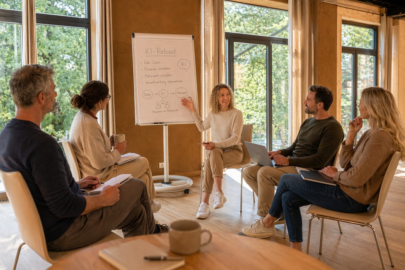 Gruppen-Session im Tagungsraum mit Flipchart zum KI-Retreat